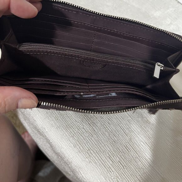 Fossil Leather Wallet Zip Around Burgundy Geometric Slim Clutch Bifold Organizer - Picture 6 of 9